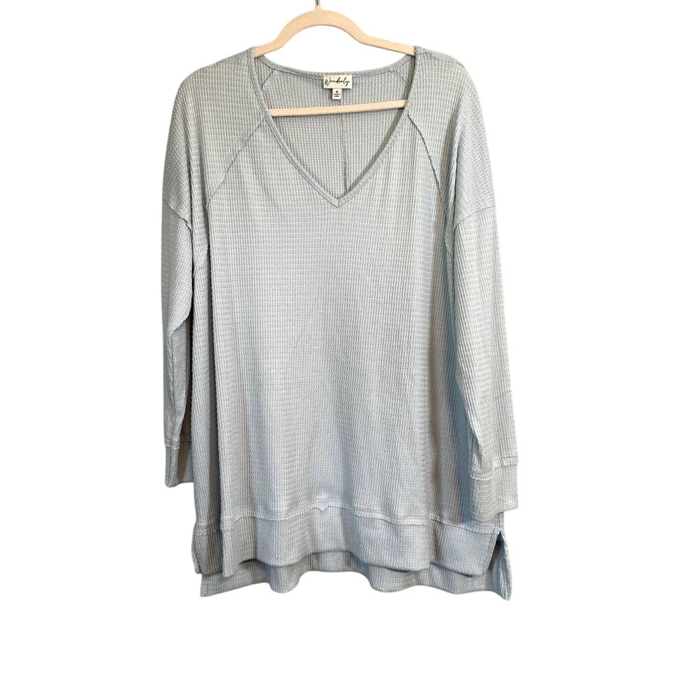 Wonderly Womens 1X Plus Long Sleeve Waffle Knit Blue Stretch Scoop Neck